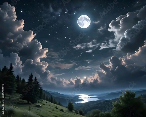 Obraz Landscape mountain with cloud and moon