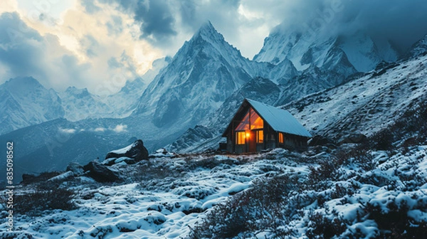 Fototapeta A Beautiful View Of Small Cabin or Tent With Small Camping Fire During IN The Night Time In Snow Mountains Landscape Background