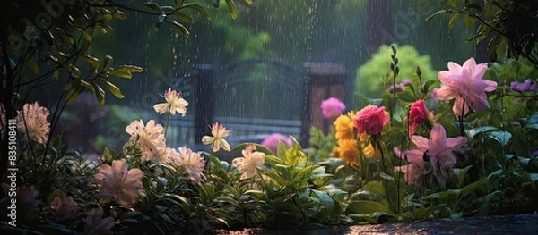Fototapeta Summer rain showers enhancing the beauty of flowers in a garden under overcast skies, creating a serene and peaceful atmosphere for a magical capture with a copy space image.