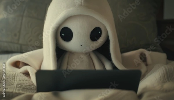 Fototapeta Cute Plush Toy in a Hooded Blanket Uses a Tablet