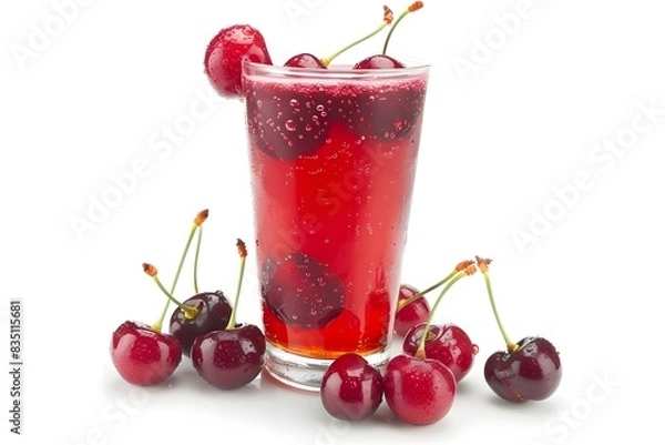 Fototapeta A Refreshing Glass of Cherry Juice with Fresh Cherries on White Background