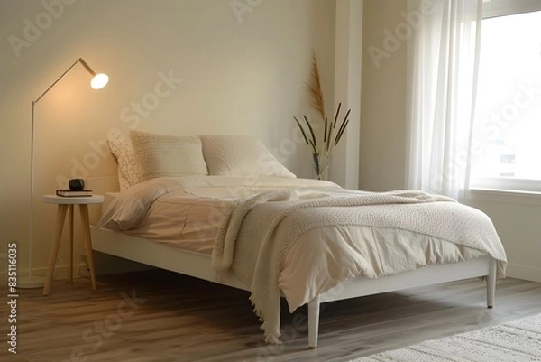 Fototapeta Minimalist Bedroom Setup with Neutral Bedding and Soft Lighting