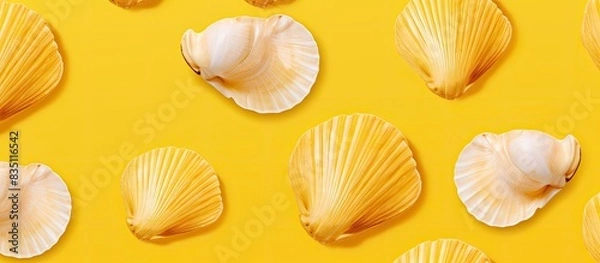 Obraz A seamless pattern with seashells on a yellow background, featuring one prominently displayed shell, evokes a summery vibe, ideal for a copy space image.