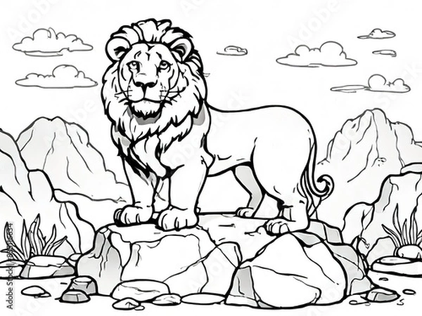 Fototapeta coloring book Lion standing on the rock. mountain view background
