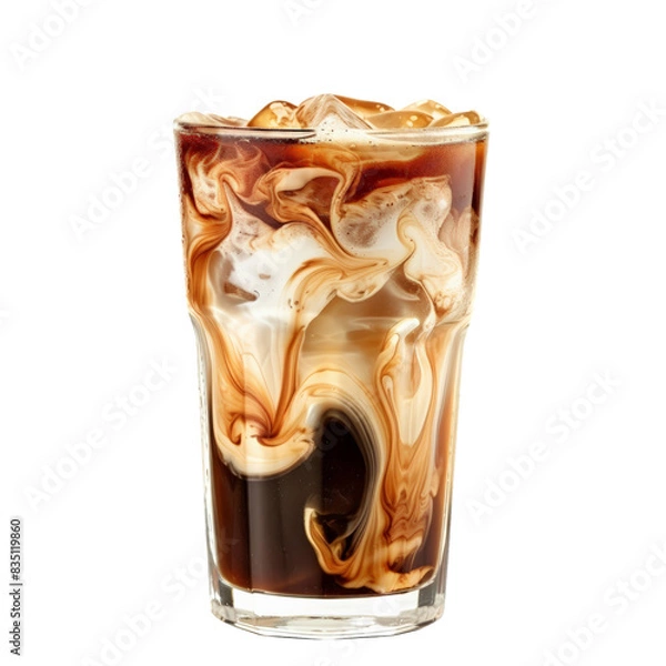 Obraz A refreshing glass of iced coffee with milk swirled. A perfect cold beverage, visually appealing with its artistic milk patterns.