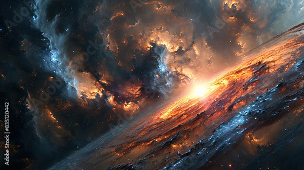 Fototapeta A Contemporary Supermassive Black Hole With Colorful Galaxies Spinning Around It, Quasars Are Shooting out From The Black Hole on Both Sides