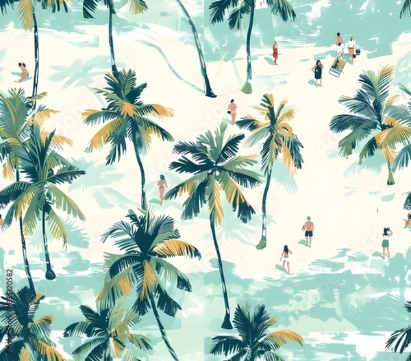 Obraz Idyllic Tropical Summer Day with Vintage Flair Serene Beach Stroll Amid Swaying Palm Trees and Turquoise Waves