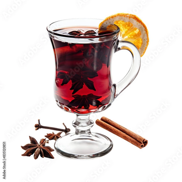 Obraz Warm mulled wine with star anise, cinnamon stick, and orange slice in a clear glass mug. A cozy winter beverage for the holidays.