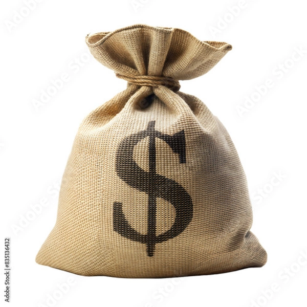 Fototapeta A burlap money bag with a large dollar sign printed on it, tied at the top, isolated on a transparent background