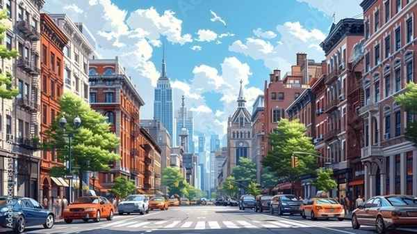 Fototapeta Busy downtown with a mix of classic stone buildings and modern high-rises.
