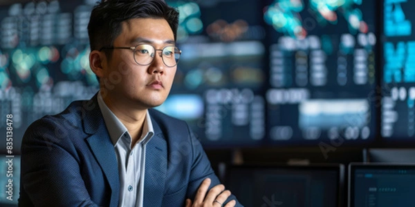 Fototapeta a Chinese business consultant advising on cybersecurity measures in a modern tech office
