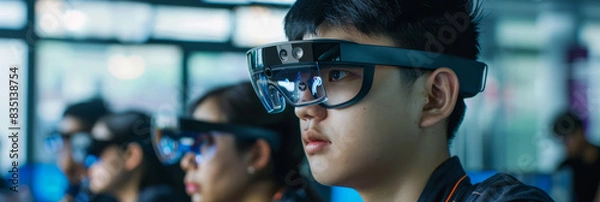 Fototapeta a Chinese startup team working on augmented reality applications in a sleek office