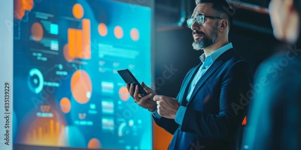 Fototapeta a Latin entrepreneur presenting a digital payment solution at a financial technology summit