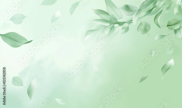Fototapeta A soft, pastel green background with delicate leaves floating in the air, creating an atmosphere of tranquility and nature-inspired elegance for product packaging