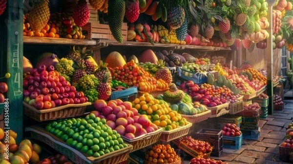 Fototapeta A colorful fruit market stall brimming with a variety of exotic fruits, creating a lively and bustling scene.