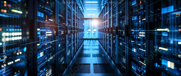 Obraz Working Data Center Full of Rack Servers and Supercomputers, Interior server room, Network hardware. Internet hardware. Room with racks for network equipment