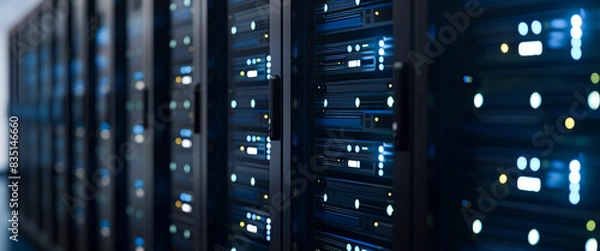 Obraz Working Data Center Full of Rack Servers and Supercomputers, Interior server room, Network hardware. Internet hardware. Room with racks for network equipment