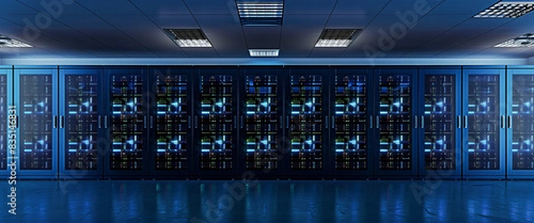 Obraz Working Data Center Full of Rack Servers and Supercomputers, Interior server room, Network hardware. Internet hardware. Room with racks for network equipment