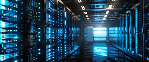 Obraz Working Data Center Full of Rack Servers and Supercomputers, Interior server room, Network hardware. Internet hardware. Room with racks for network equipment