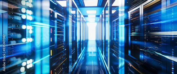 Obraz Working Data Center Full of Rack Servers and Supercomputers, Interior server room, Network hardware. Internet hardware. Room with racks for network equipment