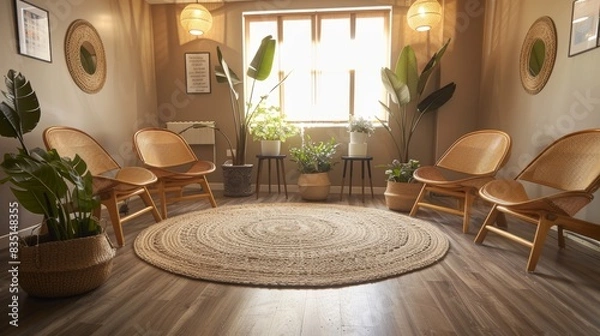Fototapeta Group therapy space with a circle of chairs, psychologist's office with a tranquil and professional ambiance for group sessions