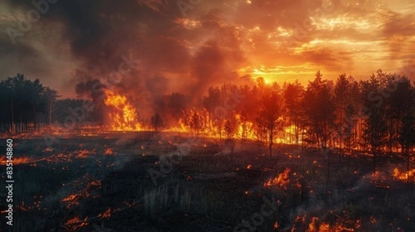 Fototapeta Grass burning in a vast meadow, trees ablaze, smoke spreading, capturing the chaos and destruction of an ecological catastrophe