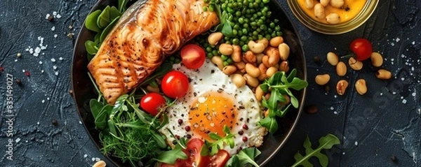 Fototapeta Healthy breakfast bowl with salmon, egg, beans, peas, and cherry tomatoes.