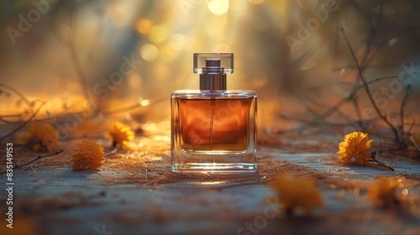 Fototapeta Close-up shot of perfume bottle with appropriate background, lighting and backdrop for advertising illustration, product presentation with space for text.