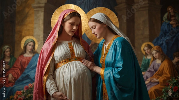 Fototapeta The Visitation: Holy Motherhood of the Blessed Virgin Mary with the Christ Child in Her Womb and Her Pregnant Cousin Elizabeth.