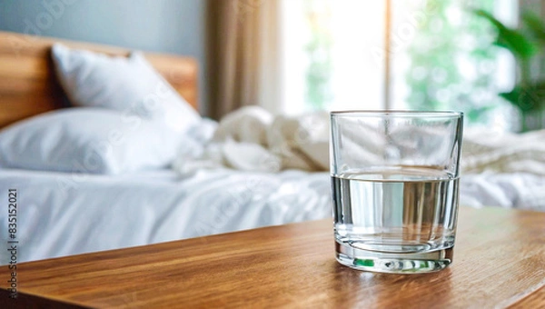Fototapeta The wooden table is next to the bed.There was an empty glass of water on the table. Drinking water in the morning benefits.concept Health Fitness Drinking water and getting adequate sleep.