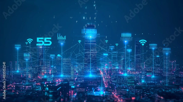 Obraz 5G Wireless Network with High-Speed Internet and Cloud Computing Technology for Smart City Connectivity.