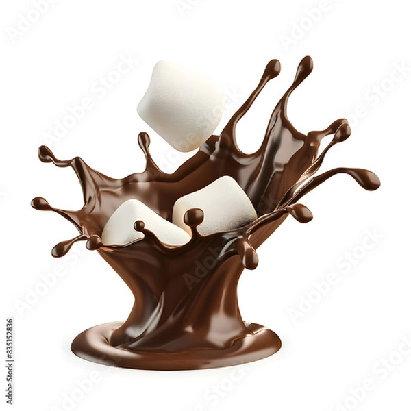Fototapeta Marshmallow falling into chocolate splash isolated on white background