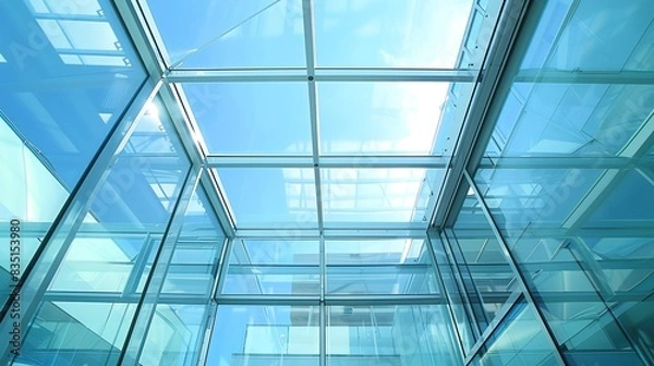 Fototapeta Closeup of a glass roof panel in a modern glass house, showcasing the precision in the installation and clear sky view.
