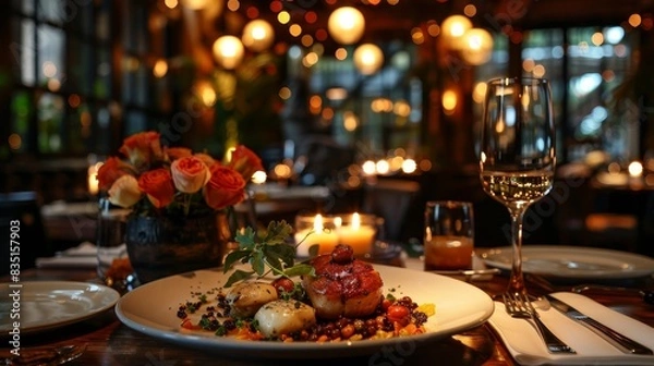 Fototapeta 91. A beautifully plated entr�e in a sophisticated restaurant, candlelit ambiance, and gourmet flavors