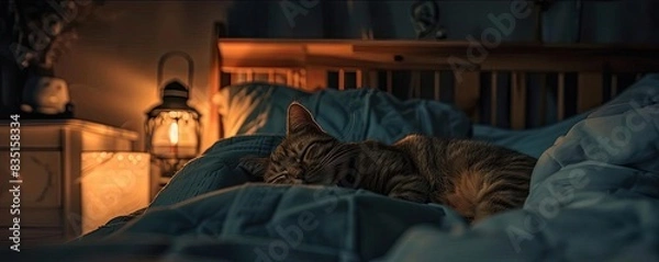 Fototapeta Serene cozy bedroom with a cat sleeping peacefully on the bed under warm, dim lighting from a lantern on the nightstand.