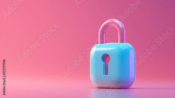 Fototapeta 3D rendering of a shiny blue padlock against a pink background, symbolizing security and protection in a modern and vibrant style. 3D Illustration.