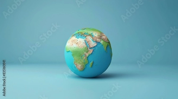 Fototapeta A detailed model of Earth showing continents and oceans on a plain blue background, representing geography and global concepts. 3D Illustration.