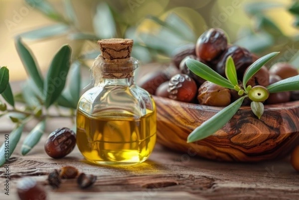 Fototapeta Jojoba oil in glass bottle with cork, jojoba seeds in wooden bowl, and leaves on wooden surface. Rustic still life photography for design and print. Ayurvedic herbs, Ayurveda, Generative AI
