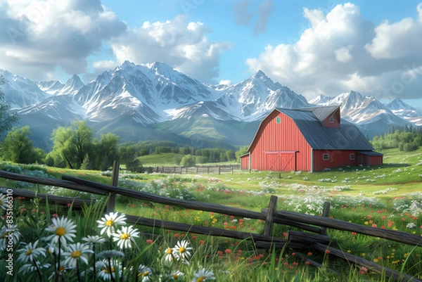 Fototapeta Charming farmstead with a red barn