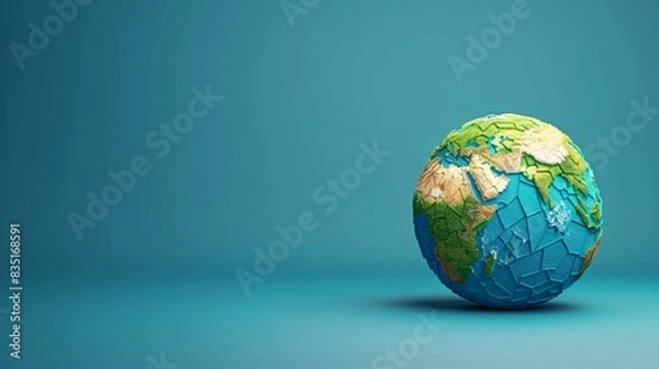 Fototapeta Colorful abstract representation of the Earth globe on a blue background, showcasing continents and oceans in vibrant artistic detail. 3D Illustration.