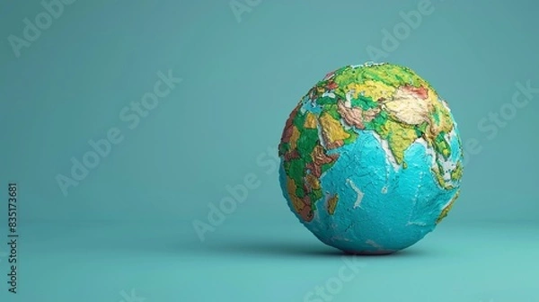 Fototapeta Colorful globe against a minimalist background, highlighting continents and oceans with vibrant hues, perfect for educational or travel themes. 3D Illustration.