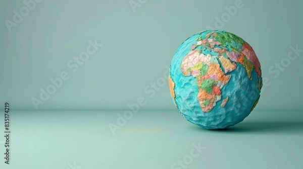 Fototapeta Colorful globe representing Earth on a minimalist green background, showcasing continents and countries for educational or design purposes. 3D Illustration.