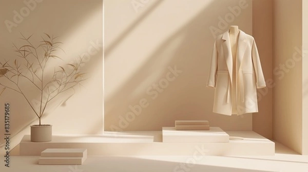 Fototapeta A white blazer hangs on a wooden rack next to a platform. 
