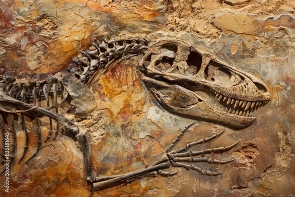 Fototapeta Close-up of a dinosaur skeleton fossil embedded in rock with earthy tones. Macro shot of ancient remains with detailed texture. Design for poster, print, wallpaper, banner. Generative AI