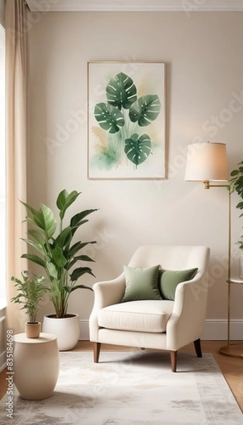 Fototapeta Minimalist living room with white vintage armchair carpet and elegant home decor including a dry plant in a vase against a copy space wall