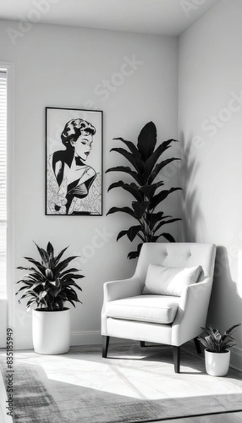 Fototapeta Minimalist living room with white vintage armchair carpet and elegant home decor including a dry plant in a vase against a copy space wall