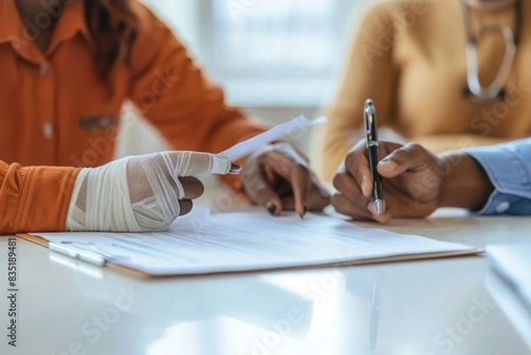 Fototapeta An individual with an injured, bandaged hand fills out a form or contract