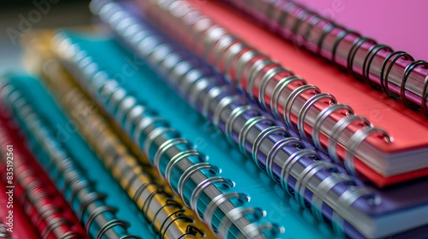Fototapeta A stack of spiral bound notebooks with different colors