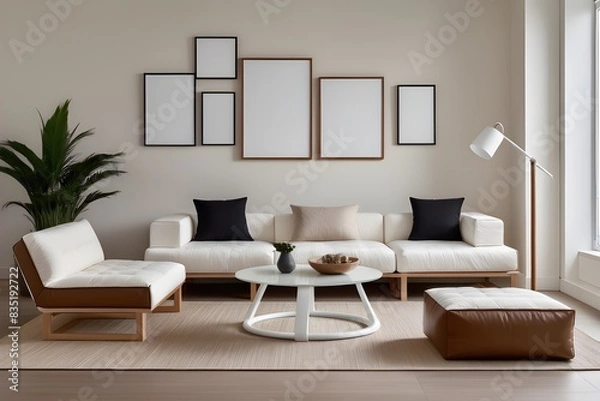 Fototapeta Mockup poster frames in living room interior background, interior mockup with house background, frame mockup