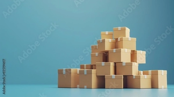 Fototapeta Pyramid of stacked cardboard boxes against blue background representing shipping, logistics, and storage concepts. 3D Illustration.